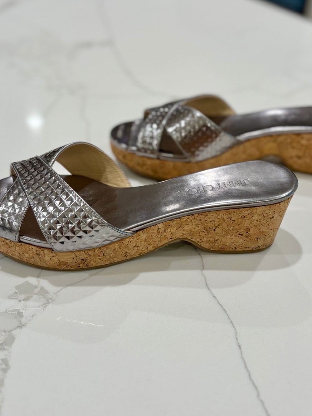 Jimmy Choo Metallic Silver Cork Wedge Slide Sandals